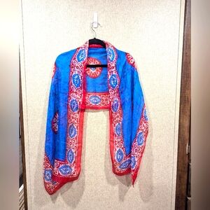 Vibrant Blue and Red 100% Silk Scarf. 68x22 Inches. Lightweight. Flowy. GUC.